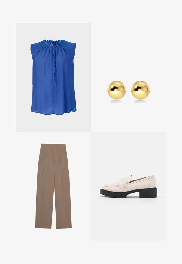 Niebieska bezrękawnikowa bluzka z falbanką przy szyi, gładka w dotyku i lekko luźna. Posiada zapięcie na guziki oraz subtelną grafikę na dole.; Brązowe spodnie w kant o szerokich nogawkach, z płaskim pasem i kieszeniami bocznymi, wykonane z lekkiego materiału.; Jasno beżowe skórzane mokasyny z haftowanym przodem i teksturowanym czarnym obcasem. Charakteryzują się zaokrąglonym kształtem i lekkim podniesieniem.; Złote, sferyczne kolczyki o błyszczącej, refleksyjnej powierzchni. Ich design jest prosty i gładki, co tworzy nowoczesny, minimalistyczny wygląd.