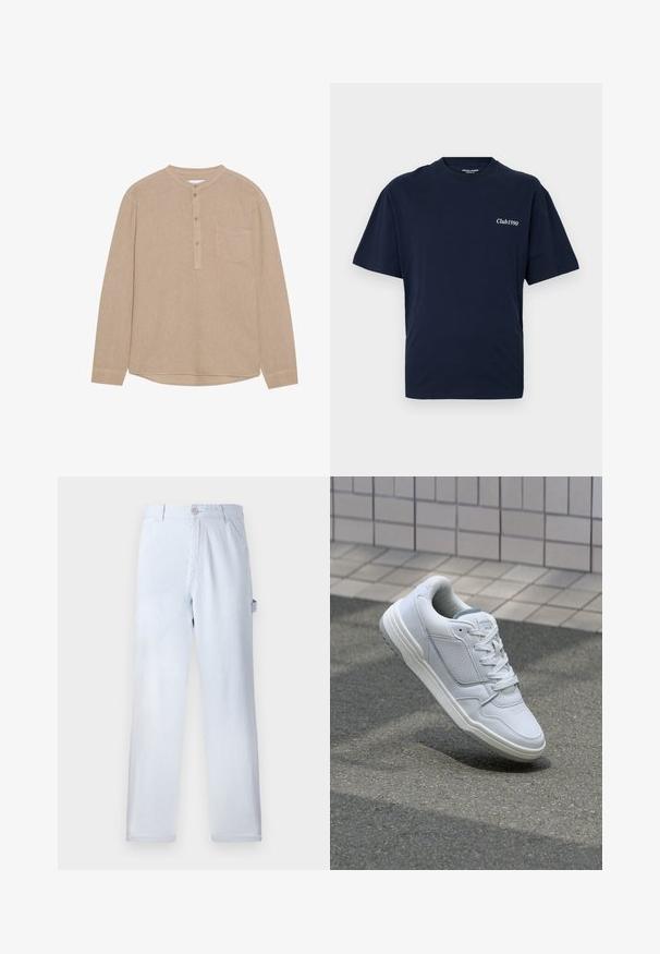 Chemise beige à manches longues avec un col henley, patte de boutonnage, poche poitrine gauche, texture douce et ourlet arrondi.; T-shirt en coton bleu marine avec un col rond et des manches courtes. Présente le texte blanc "Club1990" sur la partie gauche de la poitrine. Design simple.; Pantalons rayés bleu clair en coton. Design à jambes droites, avec une fermeture à bouton à l'avant et des poches latérales. Texture douce.; Baskets en cuir blanc avec des côtés perforés, des accents texturés, des lacets plats et un talon gris contrasté. Présente une semelle légèrement surélevée.