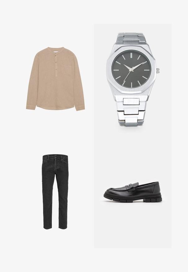 Beige long-sleeve shirt with a henley neckline, buttoned placket, left chest pocket, soft texture, and rounded hem.; Black denim jeans with a straight leg design, five pockets, and belt loops, featuring a slightly faded texture and contrast stitching.; Black leather loafers with a smooth finish, featuring a front strap detail and a chunky rubber sole with grooved accents.; Silver analog watch with an octagonal case, gray dial, silver hour markers, and a stainless steel link bracelet. Minimalist design with smooth texture.