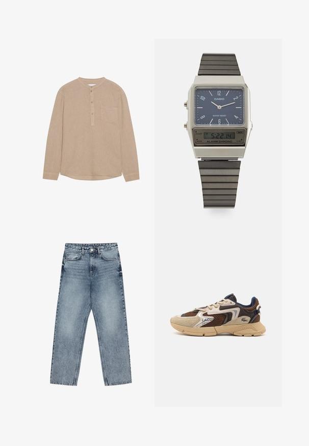 Beige long-sleeve shirt with a henley neckline, buttoned placket, left chest pocket, soft texture, and rounded hem.; Light blue denim jeans with a straight leg cut, visible stitching, five pocket design, and a button closure at the waist.; Beige and brown sneaker with textured mesh panels, suede accents, and a rubber sole. Features lace-up design and branded detailing.; Casio digital watch with a blue dial, silver case, and layered black rubber strap. Displays time and alarm settings. Water resistant.