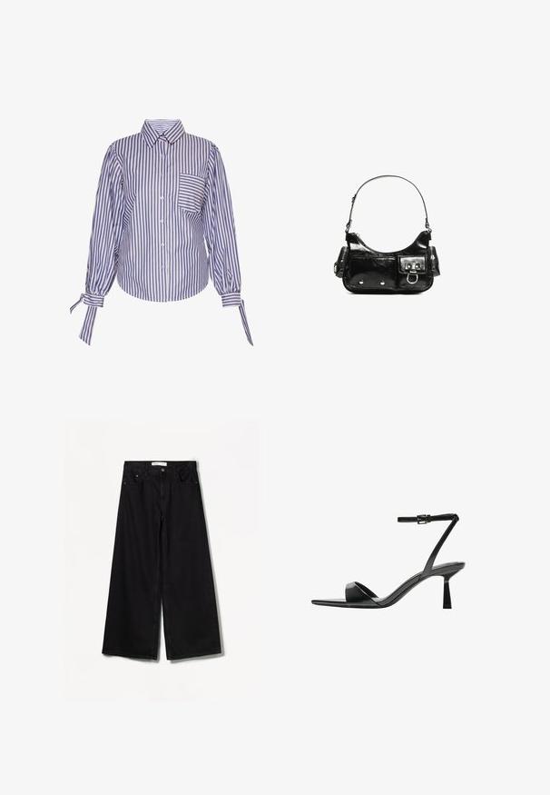 Blue and white striped button-up shirt with a collared neck, long puffed sleeves, and a chest pocket. Fabric has a smooth texture.; Bershka WIDE-LEG - Wide Leg - black; Bershka High heeled sandals - black; Black patent leather handbag with a curved shape, one shoulder strap, front pockets, and silver-tone hardware accents.