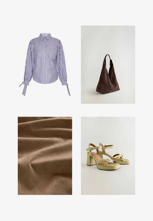 Mėlynos ir baltos dryžuotos marškiniai su apykakle, ilgomis pufinėmis rankovėmis ir krūtinės kišene. Audinys yra lygus.; Ruda suede med minkštą tekstūrą, demonstruojanti švelnias raukšles ir bangas, akcentuojanti lygią paviršių ir neryškius spalvų tonus.; Žalios odinės aukštakulnės basutės su kvadratiniu pirštu, reguliuojamu kulkšnies dirželiu ir dekoratyviu sagties akcentu. Masyvūs blokiniai kulnai.; Ruda zomšinė rankinė su unikalia, kampuota forma ir dviem plačiomis rankenomis. Yra lygi tekstūra ir minimalus siūlių apdorojimas.