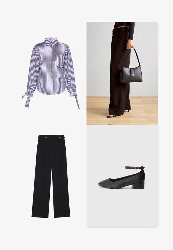 Kék és fehér csíkos ing, galléros nyakkal, hosszú puffos ujjakkal és mellzsebbel. Az anyag sima tapintású.; Fekete, bő szárú nadrág magas derékkal, gombos részletekkel a derékrészen és elülső pliszékkal.; Fekete bőr magassarkú cipő hegyes orral és alacsony tömb sarkal. Bokapánttal rendelkezik, aranyszínű csattal. Simább textúra.; Fekete kézi táska strukturált formával, sima textúrával és fémből készült záródással. Széles fekete nadrággal és nyitott orrú szandállal párosítva, fából készült padlón.