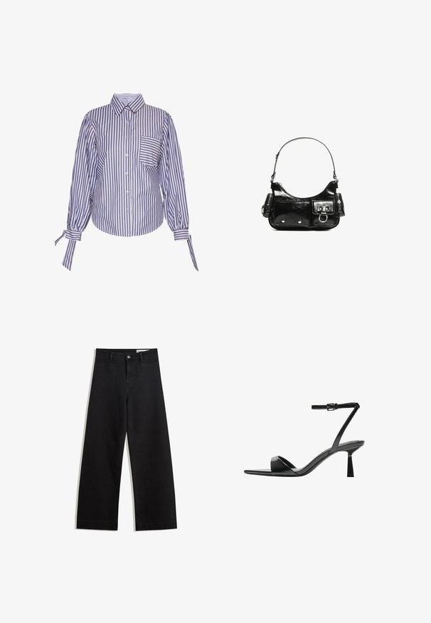 Niebieska i biała w paski koszula z guzikami, z kołnierzykiem, długimi puffed rękawami i kieszonką na piersi. Materiał ma gładką teksturę.; Czarne dżinsowe spodnie o szerokich nogawkach i wysokim stanie, z przednimi i tylnymi kieszeniami, przeszyciami oraz zapięciem na guziki. Gładka struktura.; Bershka - Sandały na obcasie; Czarna torebka z lakierowanej skóry o zaokrąglonym kształcie, z jednym paskiem na ramię, przednimi kieszeniami i akcentami w kolorze srebrnym.