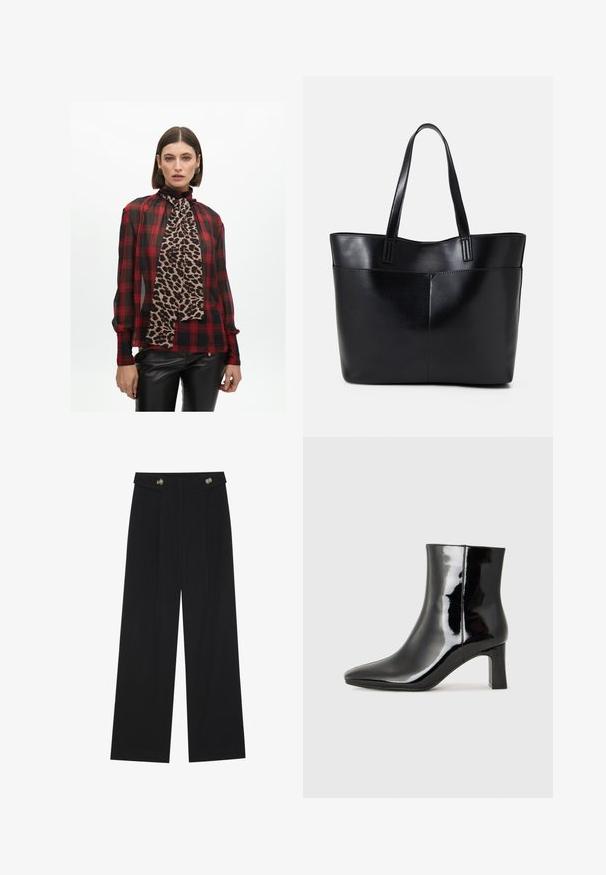 Hedvábná blůza s červeným a černým kostkovaným vzorem a vysokým límcem, doplněná leopardím šátkem; průhledný materiál; v kombinaci s černými koženými kalhotami.; Černé široké kalhoty s vysokým pasem, detailní knoflíky na pase a přední záhyby.; Černé lakované kotníkové boty s špičatou špičkou a středně vysokým blokovým podpatkem. Hladká textura a minimalistický design.; Černá kožená taška s dlouhými ušima, hladkým povrchem a strukturovaným tvarem. Obsahuje přední kapsu pro další úložný prostor.