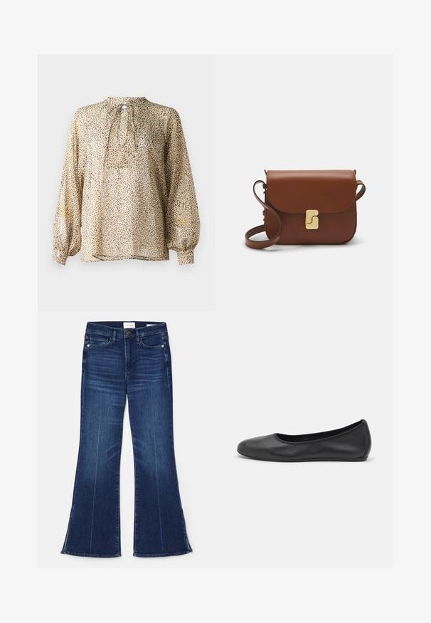 Blusa trasparente beige con stampa leopardata nera, caratterizzata da un collo alto, dettaglio a chiave e maniche lunghe voluminose con polsini arricciati.; Jeans a zampa d'elefante blu scuro in denim. Caratterizzati da una vita alta, tasche anteriori e dettagli con spacco all'orlo. Design classico a cinque tasche.; Pantofole da balletto nere in pelle con punta arrotondata, texture liscia, dettagli di cucitura minimi e design con suola flessibile.; Borsa a tracolla in pelle marrone con chiusura a pattina, hardware color oro, tracolla e una finitura liscia. Forma rettangolare compatta.