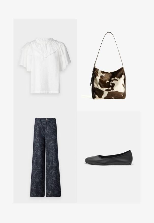MUNTHE KECEA - Blouse - weiß; Pantalons larges en denim noir avec un motif floral brodé en bleu clair. Design classique à cinq poches avec fermeture à bouton sur le devant.; Ballerines en cuir noir avec un bout rond, texture lisse, détails de couture minimalistes et design de semelle flexible.; Sac à épaule en cuir de vachette brun et crème avec une sangle en cuir lisse, fermeture zippée et une surface douce et texturée présentant un motif naturel.