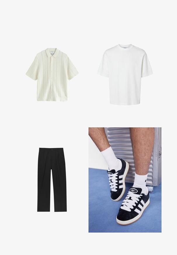 Krém színű, rövidujjú kötött kardigán, gombos elülső résszel, gallérral és a textúrált mintával, amely nyitott öltésekkel díszített.; Fehér pamut póló rövid ujjakkal, kerek nyakkivágással és laza szabással. Simább textúra, látható minták vagy kiegészítők nélkül.; Fekete nadrág egyenes szárú kialakítással, sima anyagból készült. Elöl redők és egy gombos záródás található a derékon.; Fekete velúr sportcipők fehér fűzőkkel és három fehér csíkkal. A nyelvén egy kör alakú fekete logó található, valamint egy gumis talp.