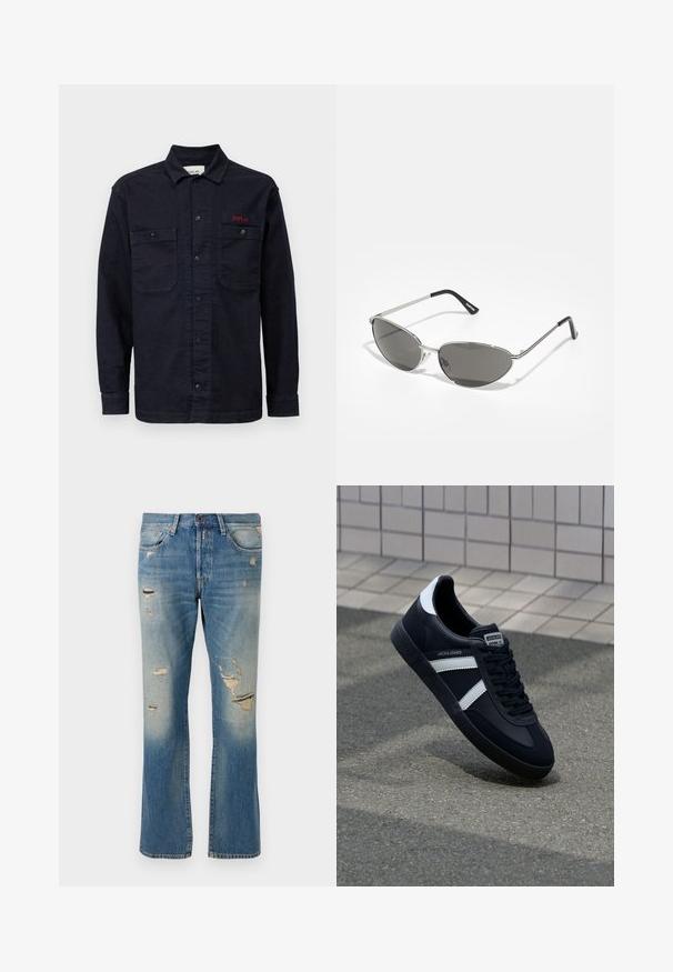 Mørkeblå denimskjorte med lange ermer, knapper foran, to brystlommer og en liten rød "REPLAY"-logo på venstre lomme.; Svart bomull t-skjorte med korte ermer, rund hals, med en rød "REPLAY" logo og symboler sentrert på brystet.; Lyseblå denimjeans med avslappet passform, som har slitte detaljer og frynsete lapper, med standard fem-lomme-design og knappelukking.; Sorte lærersneaker med hvite striper, teksturert gummihæl og snøring foran. Har et merketikett på tungen.; Solbriller med en slank, sølvmetallisk ramme, gråtonede linser og et aerodynamisk design med spisse kanter og tynne armer.