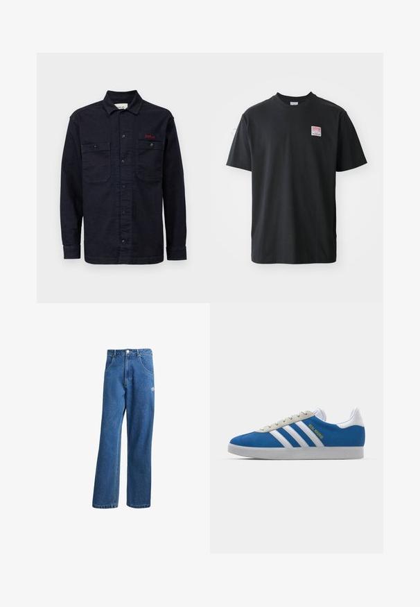 Tummansininen farkkupaita pitkällä hihalla, nappikiinnitys edessä, kaksi rintataskua ja pieni punainen "REPLAY"-logo vasemmassa taskussa.; Mustat puuvillapaidat, joissa on pyöreä kaula-aukko, lyhyet hihat ja pieni värillinen etiketti vasemmassa rinnassa, jossa on sanat "SUPERIOR."; Siniset korkeavyötäröiset leveälahkeiset farkut, joissa on etupussit, vyölenkit, napitus ja pieni Adidas-logo oikeassa reidessä.; adidas Originals ADIDAS GAZELLE SHOES - Sisäjalkapallokengät - real madrid/bluebird/footwear white/crew yellow