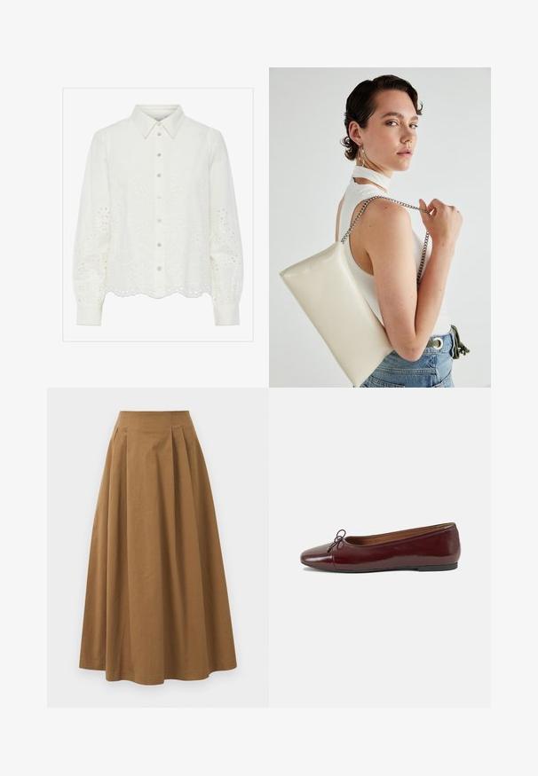Biała bluzka z długim rękawem, zapinana z przodu na guziki, z haftem w kwiatowy wzór i falbanym wykończeniem. Wykonana z miękkiej bawełny, z usztywnionym kołnierzykiem.; Brąskowa bawełniana spódnica w kształcie litery A z wysokim stanem, z plisami z przodu i gładką fakturą. Wykończenia dołu są czyste i proste.; Bordowe baleriny z lakierowanej skóry z zaokrąglonym noskiem, małą kokardką z przodu oraz niską, czarną gumową podeszwą. Gładka tekstura.; Biała prostokątna kopertówka wykonana z błyszczącego materiału, z srebrnym łańcuszkiem. Modelka pozuje, prezentując torebkę na jednolitym tle.