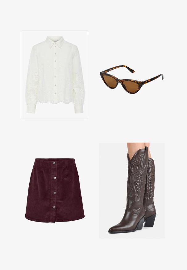 Blusa bianca a maniche lunghe con chiusura frontale a bottoni, caratterizzata da ricami floreali ad occhiello e orlo ondulato. Tessuto di cotone morbido e colletto strutturato.; Gonna mini in corduroy bordeaux a forma di a, con cinque bottoni argentati lungo la parte anteriore e una sottile texture a righe.; Stivali da cowboy in pelle marrone con punta affusolata e tacco a blocco, caratterizzati da dettagliati ricami e accenti rialzati sul gambale.; Occhiali da sole cat-eye con una montatura tartarugata nera e arancione, lenti marroni e punte affusolate e eleganti. Presentano un logo minimale sulla asta.