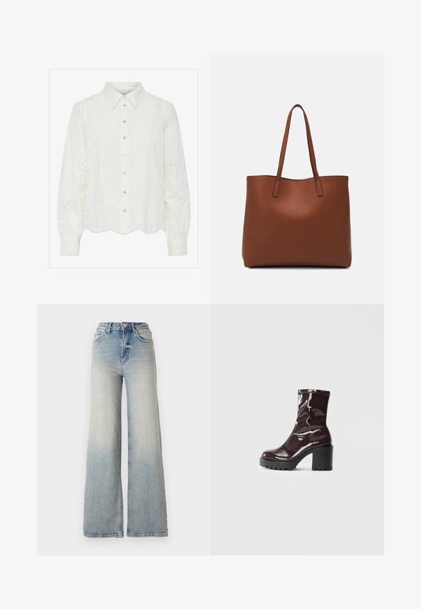 Bluză albă cu mâneci lungi, cu închidere cu nasturi în față, având broderie florală din oglinzi și tiv zimțat. Fabrică moale din bumbac și guler structurat.; Jeans largi de culoare bleu deschis, confecționați din denim, cu talie înaltă, cinci buzunare și cusături vizibile pe cusături.; Botine lucioase burgundy, cu toc gros negru, având o textură netedă și un design simplu. Fără închideri sau modele vizibile.; Geantă de umăr din piele maro cu o textură netedă, design cu vârf deschis și două curele pentru umăr. Prezintă cusături minime și fără componente metalice vizibile.