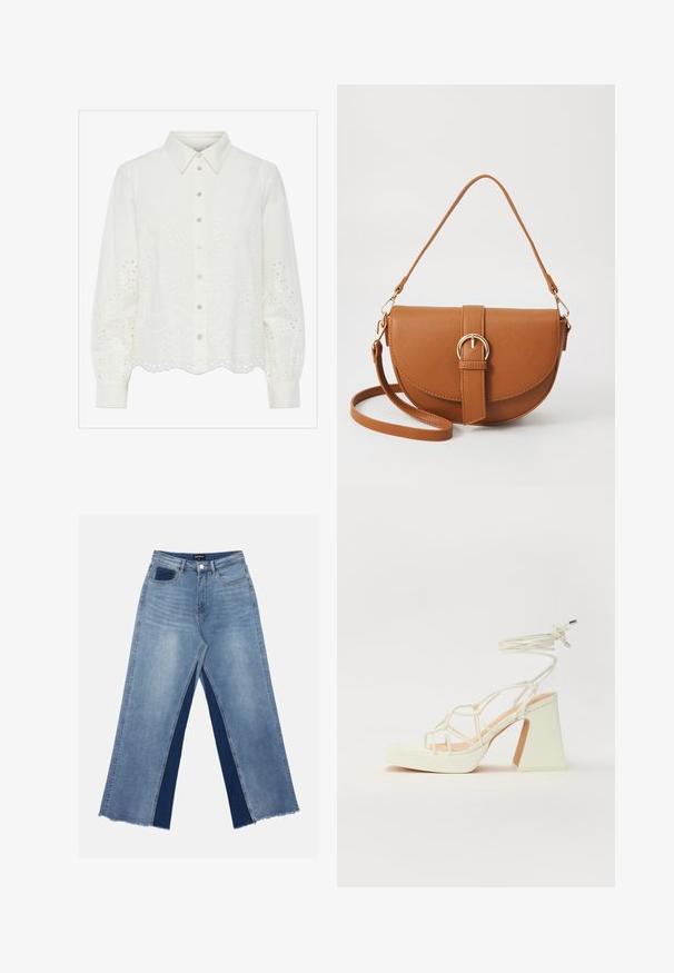Fehér, hosszúujjú blúz gombos elülső résszel, virágmintás hímzéssel és fodros szegéllyel. Puha pamut anyag és formázott gallér.; Világoskék, bőszárú farmernadrág, kontrasztos sötétkék panelekkel, szálkás szegélyekkel, valamint normál derekú, fém gombos záródással.; Fehér, magassarkú szandál vastag sarokkal, pántos dizájnnal és bokapánttal. Sima textúra, elülső platformmal a megnövelt magasság érdekében.; Barna bőr keresztbody táska ívelt formával, aranyszínű fémrészekkel és csat díszítéssel. Levehető vállpánttal rendelkezik.