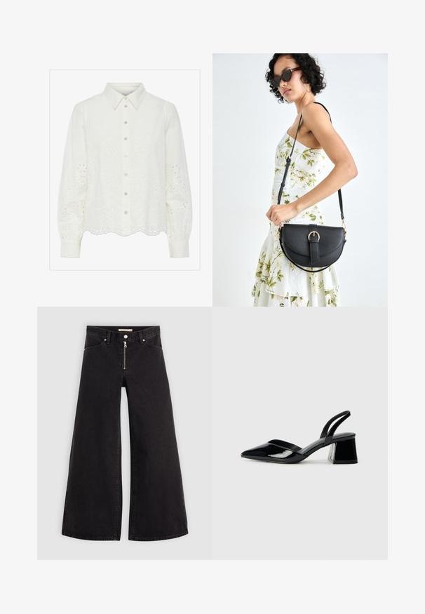 White long-sleeve blouse with a button-up front, featuring floral eyelet embroidery and scalloped hemline. Soft cotton fabric and structured collar.; Wide-leg jeans in black denim with a zippered front, five-pocket design, and subtle stitching details. Smooth texture and casual style.; Black patent leather slingback heels with a pointed toe and a geometric block heel. Features a sleek, minimal design and smooth texture.; Black leather handbag with a curved shape, detachable strap, and gold hardware. The bag features a flap with a buckle detail.