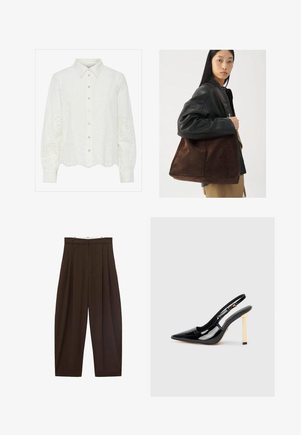 Bela bluza z dolgimi rokavi z zapenjanjem na gumbe, z cvetličnim izvezenim očesom in valovitim robom. Mehka bombažna tkanina in strukturiran ovratnik.; Rjave hlače visoke pasu s pregibi, narejene iz gladkega materiala. Ohlapen kroj, ravne nogavice, z zankami za pas in zadrgo.; Črne patentne kožne slingback visoke petne čevlje s koničastim nosom in zlatim kvadratnim poudarkom na peti. Imajo prilagodljiv gležni trak.; Rjava semiš torba oblikovana širše in z mehkimi površinami, opremljena z enim ročajem in minimalnim okrasjem na nevtralnem ozadju.