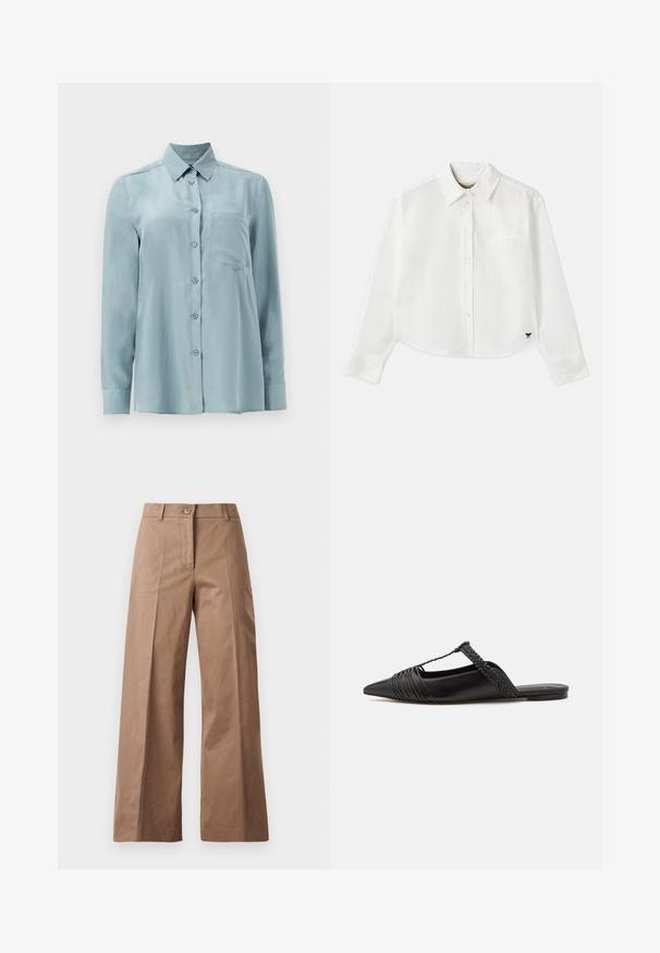Light blue long-sleeve shirt made of smooth fabric, featuring a button front, collar, and a single chest pocket.; White cropped long-sleeve shirt made of cotton. Features a button-up front, a chest pocket, and a small black logo on the bottom left.; Brown wide-leg trousers made from a smooth fabric, featuring a front button closure, two front pockets, and clean, tailored lines.; Black leather slingback shoe with a pointed toe, featuring a woven accent and pleated upper design. Flat sole with minimal hardware.