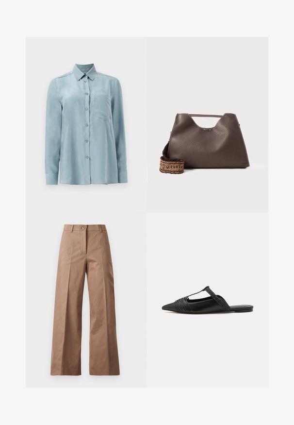 Lyseblå langærmet skjorte lavet af glat stof, med knaplukning foran, krave og en enkelt brystlomme.; Brune bredde bukser lavet af et glat stof, med en frontknaplukning, to frontlommer og rene, skræddersyede linjer.; Sort læderslyngeback sko med spids tå, der har en vævet detalje og en plisseret overdel. Flad sål med minimal hardware.; Brun læder skuldertaske med en tekstureret overflade, vinkelret design og et karakteristisk topgreb. Har et mønstret vævet stropdetalje.