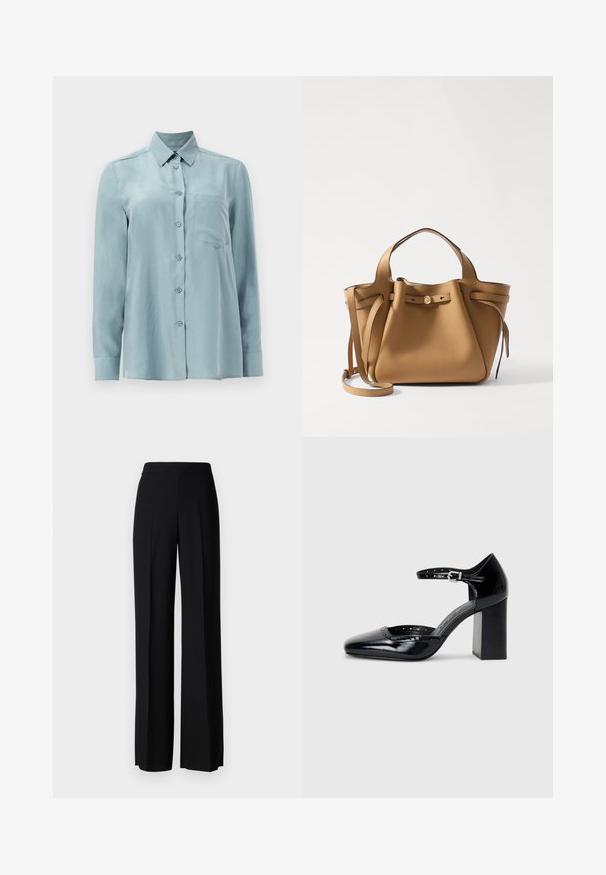 Camicia azzurro chiaro a maniche lunghe realizzata in tessuto morbido, con bottoni frontali, colletto e una tasca sul petto.; Pantaloni neri a gamba larga con una texture liscia, dotati di una vita alta e pieghe centrali. Nessun motivo visibile o dettagli in metallo.; Scarpe col tacco alto in pelle verniciata nera con punta quadrata, cinturino alla caviglia e tacco chunky. Include dettagli perforati lungo il bordo.; Tory Burch ROMY PEBBLED SATCHEL - Borsa a mano - tiramisu