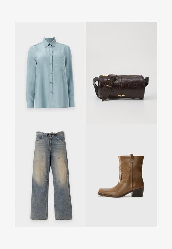 Svetlo modra srajca z dolgimi rokavi iz gladkega materiala, z gumbi spredaj, ovratnikom in eno žepom na prsih.; Svijetloplave traperice s labavim ravnim krojem. Imaju izbledele detalje, tragove habanja i oštećenja u području koljena. Klasičan stil s pet džepova.; Rjave usnjene gležnjarje s kvadratnim nosom, teksturirano površino in nizko kvadratno peto. Imajo zadnji trak za enostavno obuvanje in subtilne šivane detajle.; Brah blaženka iz rjavega usnja z embosiranim krokodilom, cilindrične oblike, zlatih kovinskih elementov in odstranljivim pasom, ki vsebuje žebljičke.