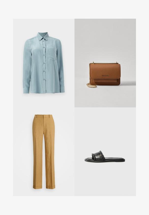 Light blue long-sleeve shirt made of smooth fabric, featuring a button front, collar, and a single chest pocket.; Polo Ralph Lauren YARD LINEN FULL FLAT FRONT - Trousers - sand dune; Black leather sandal with a woven strap detail, flat sole, and a sleek design. Smooth texture and minimalistic profile.; Brown textured leather crossbody bag with gold chain strap and flap closure. Front features logo detail and a pocket under the flap.