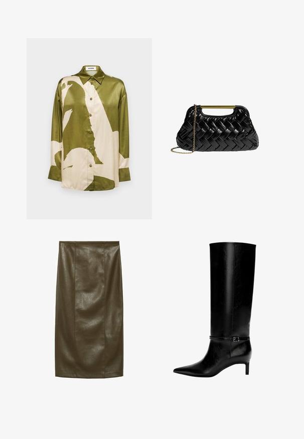 Satinhemd in Olivgrün und Creme mit einem großen abstrakten Muster, spitzem Kragen und Knopfleiste sowie langen Ärmeln.; Olivenfarbene Kunstleder- Bleistiftrock mit glatter Textur, knielang, mit vertikalen Nähten für einen maßgeschneiderten Look.; Schwarze Lederstiefel bis zum Knie mit spitzer Zehe und kleinem Absatz. Verfügt über einen schmalen Riemen mit einer metallischen Schnalle am Knöchel. Glatte Textur.; Schwarze geflochtene Lederhandtasche mit einem goldenen Metallgriff und einem abnehmbaren Kettenriemen. Sie hat ein glänzendes Finish und eine weiche, abgerundete Form.