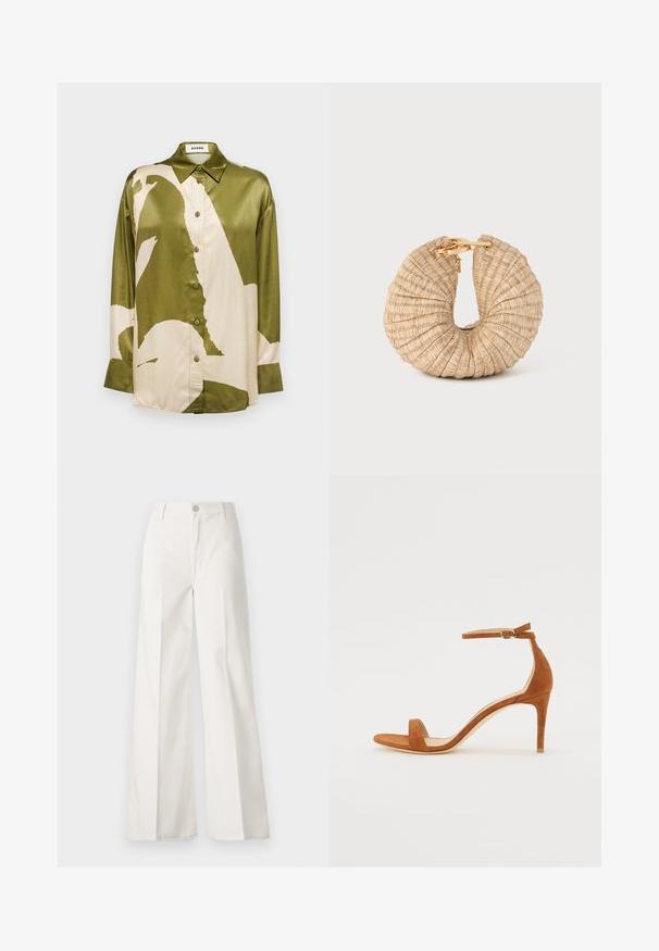 Satin shirt in olive green and cream, featuring a large abstract pattern, pointed collar, and button-down front with long sleeves.; White wide-leg trousers made from cotton with a smooth texture. Features a front button, zipper fly, and four-pocket design.; Brown suede high-heeled sandal featuring a thin ankle strap with a gold buckle, open toe, and a sleek, minimalist design.; Cult Gaia UBAH - Clutch - wheat