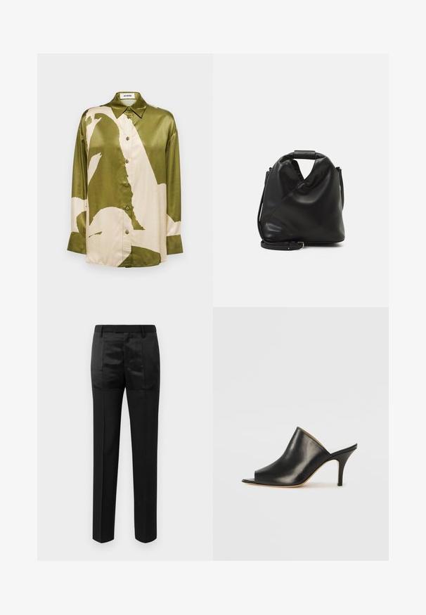 Satin shirt in olijfgroen en roomwit, met een groot abstract patroon, puntkraag en knopen vooraan met lange mouwen.; Zwarte op maat gemaakte broek met rechte pijpen en een tailleband met riemlussen, voorzien van een mix van matte en glanzende stofpanelen.; Zwarte leren open teen muiltjes met een elegante, gebogen vorm, hoge stilettohak en een soepele textuur. Het interieur heeft een contrasterende lichte kleur.; Zwarte, zachte leren tas met een unieke gedraaide vorm. Voorzien van een korte handgreep en een afneembare schouderriem. Minimalistische stijl.