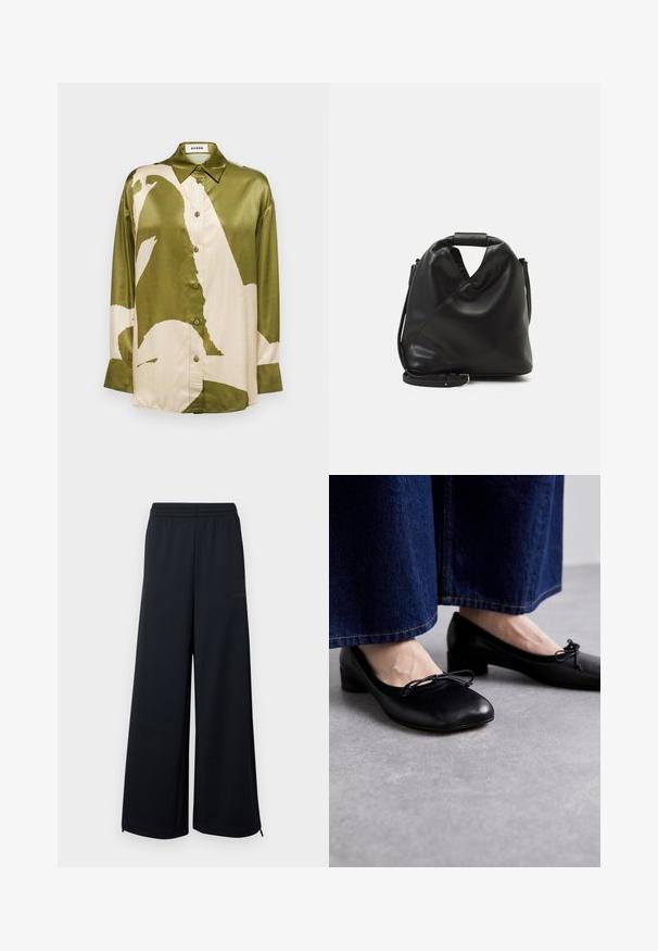 Satiinitunika oliivinvihreänä ja kermana, jossa on suuri abstrakti kuvio, terävä kaulus ja napitettava etuosa pitkillä hihoilla.; Mustat leveälahkeiset verkkohousut, joissa on joustava vyötärö ja pienet vetoketju yksityiskohdat lahkeiden päällä, esitelty valkoista taustaa vasten.; Musta nahkakengät, joissa on nelikulmainen kärki ja pieni korko, edessä koristeellinen nauha. Yhdistetty tumman farkuhousujen kanssa.; Mustan, pehmeän nahkabagin ainutlaatuinen kierretty muotoilu. Varustettu lyhyellä kahvalla ja irrotettavalla olkahihnalla. Minimalistinen tyyli.