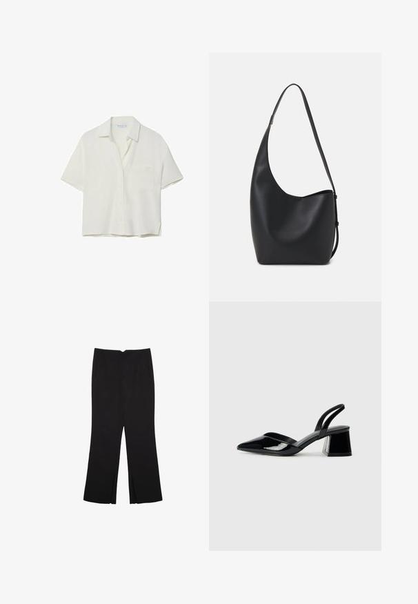 Kortærmet, hvid skjorte lavet af et blødt materiale, med krave, knaplukning foran og en enkelt brystlomme. Glat tekstur, afslappet pasform.; Sorte bukser med lige pasform, der har frontlommer og slidser i kanten. Lavet af blødt, glat stof. Velegnet til forskellige anledninger.; Sorte patentlæder slingback hæle med spids tå og en geometrisk blok hæl. Har et elegant, minimalistisk design og en glat tekstur.; Sort læder hobo taske med en glat overflade, buet form og en enkelt justerbar rem; har en bred åbning øverst.