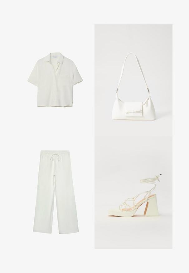 Lyhythelma, valkoinen paita pehmeästä materiaalista, jossa on kaulus, napitus edessä ja yksi rintatasku. Sujuva pinta, rento istuvuus.; Valkoiset leveälahkeiset housut pehmeästä kankaasta. Varustettu joustavalla vyötäröllä ja nyörillä sekä sileällä pinnalla. Ei näkyviä kuvioita tai tarvikkeita.; Valkoinen korkokenkä, jossa on paksu korko, ja joka sisältää nauhakiinnityksen ja nilkkaketjun. Sujuva pinta, jossa on platform-etupohja lisäkorkeutta varten.; Valkoinen synteettinen käsilaukku, jossa on kolmikulmainen muoto, tasainen etu läppä ja nauhadetail, säädettävä olkahihna, sileä rakenne ja minimalinen muotoilu.