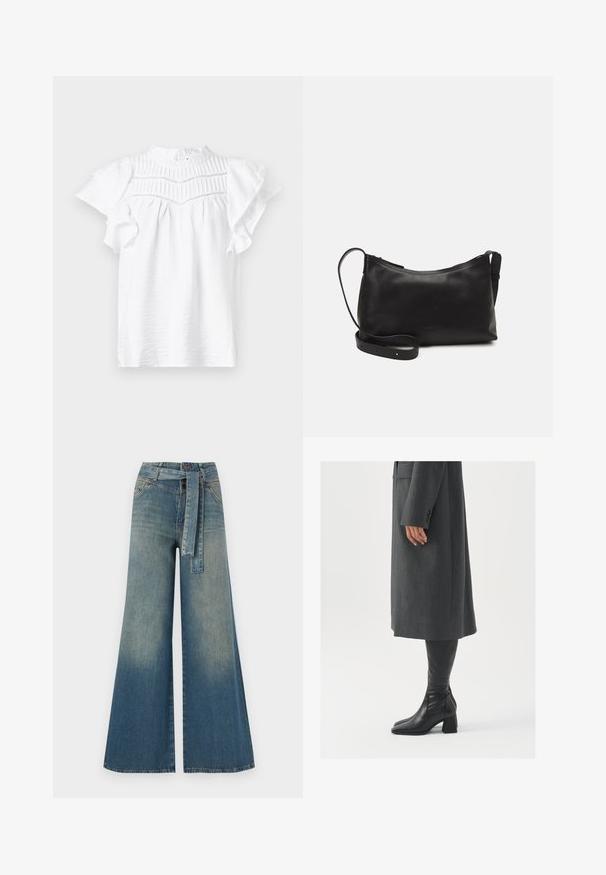 Bluză albă cu mâneci scurte și guler înalt, cu detalii pliate și mâneci evazate, realizată dintr-un material ușor, texturat.; Pantaloni din denim largi, cu un gradient de la albastru deschis la albastru închis, talie înaltă, bucle pentru curea și o curea din același material. Finisaj texturat din denim.; Palton gri, croit cu un croi drept; asortat cu cizme din piele neagră, până la genunchi, cu vârf pătrat și toc chunky.; Geantă de umăr din piele neagră, cu o textură netedă, formă curbată, curea ajustabilă și închidere cu fermoar. Design minimalist, fără embellishments.