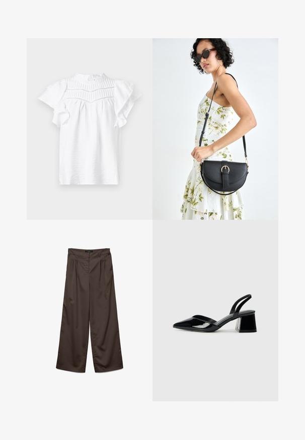 White short-sleeve blouse with a high neckline, featuring pleated details and ruffled sleeves, made from a lightweight, textured fabric.; Wide-leg trousers in dark brown fabric with a smooth texture. Features include pleats at the front and a standard waistband.; Black patent leather slingback heels with a pointed toe and a geometric block heel. Features a sleek, minimal design and smooth texture.; Black leather handbag with a curved shape, detachable strap, and gold hardware. The bag features a flap with a buckle detail.