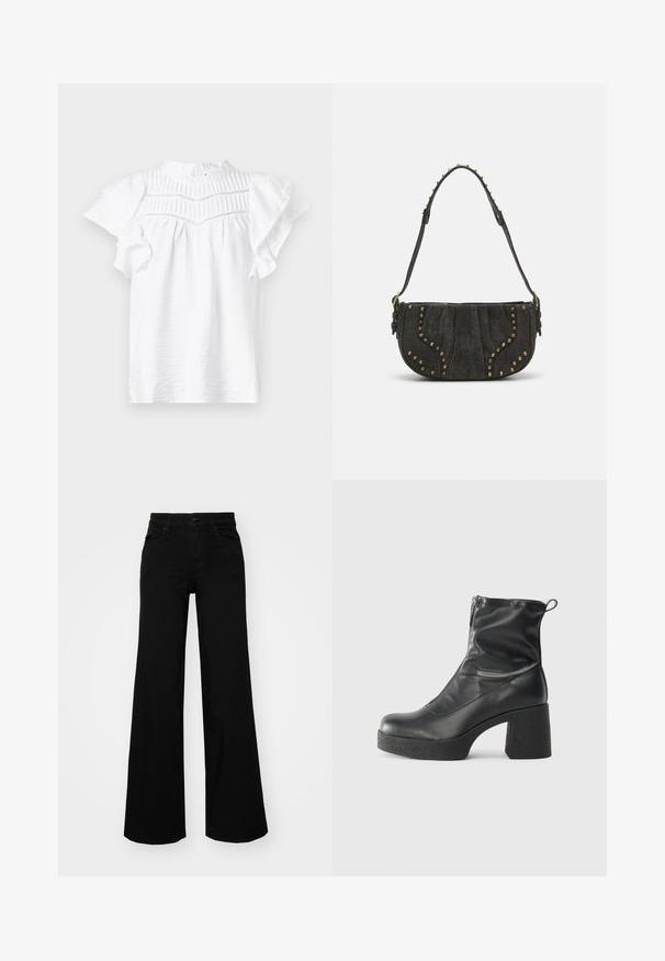 Blusa blanca de manga corta con cuello alto, que presenta detalles plisados y mangas acampanadas, fabricada en una tela ligera y texturizada.; Pantalones de mezclilla de pierna ancha y color negro, con una cinturilla estructurada, pasadores para cinturón y bolsillos frontales. Textura suave con un diseño clásico.; Botines negros de tobillo, hechos de cuero suave, con cierre lateral, tacón grueso texturizado y diseño de punta redondeada.; Bolso de piel de ante negro con un diseño curvado, que presenta acentos de remaches y una superficie texturizada. Correa ajustable con detalles de tachuelas a lo largo del borde.