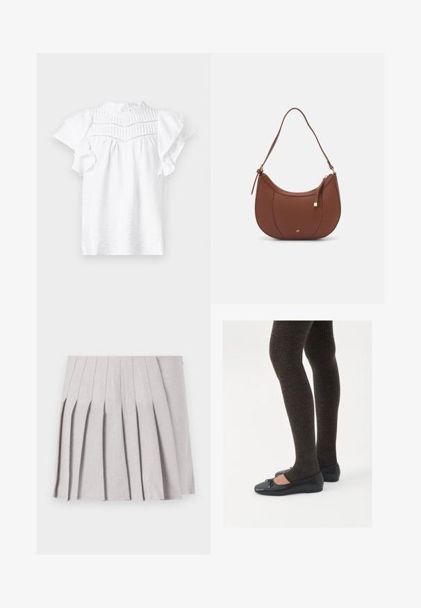 White short-sleeve blouse with a high neckline, featuring pleated details and ruffled sleeves, made from a lightweight, textured fabric.; Gray pleated skirt with a smooth texture, featuring multiple vertical folds and a fitted waistline. Made from lightweight fabric.; Black flat shoes with a small bow detail at the toe, paired with dark brown ribbed tights. Shoes have a smooth texture and low profile.; Brown faux leather shoulder bag with curved shape, minimal stitching, and a gold-tone hardware accent. Features a top zipper closure and adjustable strap.