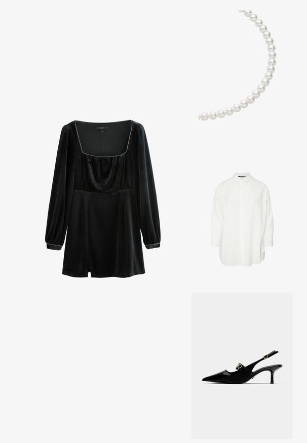 Biała koszula zapinana na guziki z kołnierzykiem i rękawami do 3/4. Wykonana z gładkiego materiału, o prostym kroju i bocznych rozcięciach.; Czarna aksamitna sukienka z długimi bufkami, kwadratowym dekoltem i marszczeniem w okolicy biustu. Posiada subtelne srebrne wykończenie wzdłuż dekoltu.; Czarne lakierowane czółenka na obcasie typu slingback z noskiem w szpic, z podwójnymi złotymi klamrami i smukłym obcasem typu stiletto.; Naszyjnik z pereł, składający się z okrągłych, lśniących białych pereł, połączonych w taki sposób, że prezentują gładką powierzchnię i jednolitą, sferyczną formę.