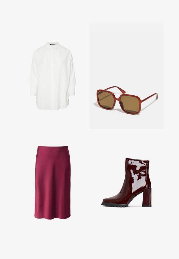 Hvid skjorte med krave og trekvartærmer. Fremstillet af glat stof, med en lige pasform og sidespalter.; Burgunderfarvet satin nederdel med en glat tekstur, lige snit, mid-længde og en subtil glans. Ingen synlige mønstre eller hardware detaljer.; Glatte bordeaux ankelstøvle med firkantet tå, kraftig gennemsigtig hæl og tekstureret sort sål. Glat overflade med en højglans finish.; Røde firkantede solbriller med brune tonede linser. Tykk, blank ramme og smalle stænger med små detaljer på siden for visuel interesse.