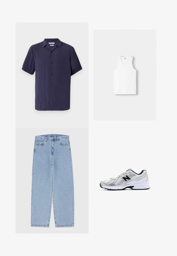 Koszula z krótkim rękawem, zapinana na guziki, w kolorze granatowym, wykonana z lekkiego materiału o gładkiej fakturze i klasycznym wzornictwie kołnierza.; Biały bawełniany top na ramiączkach z okrągłym dekoltem, szerokimi ramiączkami i prostym dołem, charakteryzujący się gładką teksturą i brakiem widocznych wzorów.; Jasnoniebieskie dżinsy o prostym kroju nogawki, z średnim stanem, pięcioma kieszeniami oraz zapięciem na guzik i zamek błyskawiczny.; Srebrny but sportowy z siateczkowego materiału, czarnymi akcentami, perforowanym wzorem i wyściełaną białą podeszwą. Posiada wyraźne logo 'N'.