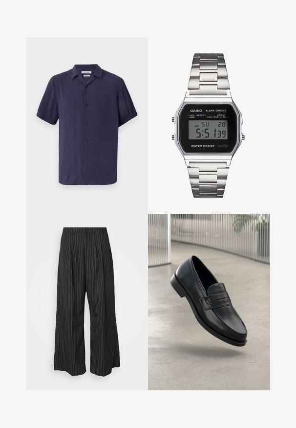 Kortärmad, knappad skjorta i marinblått, tillverkad av lättviktig tyg med en slät textur och en klassisk kragsdesign.; Svarta randiga byxor med vida ben och veck, som har en skräddarsydd design och en mjuk textur. Ingen synlig hårdvara eller detaljer.; Svart lädersko med slät struktur, spetsig tå och en dekorativ rem över fotryggen. Lätt sula, minimalistisk design.; Digital Casio-klocka med svart urtavla, silverfärgad armbandslänk i rostfritt stål, rektangulärt hus och knappar för ljus, omstart av varv och justering av lägen.