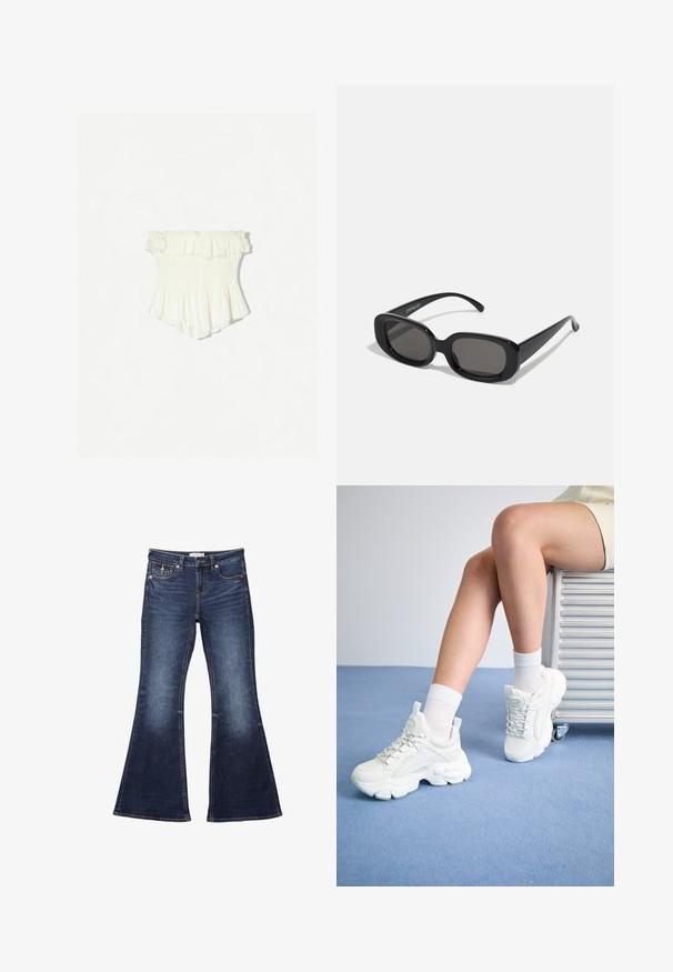 Bílý top bez ramínek s volánkovými okraji, nařaseným tělem, rozšířeným lemem a lehkým materiálem se subtílní texturou.; Tmavě modré zvonové džíny s páskem, designem pěti kapes, ozdobným šitím a hladkým denimovým povrchem.; Bílé šněrovací tenisky s robustní podrážkou, vyrobené z hladkého syntetického materiálu, s texturovanými detaily a poutkem na patě.; Černé obdélníkové sluneční brýle s tmavými skly. Silný plastový rámeček, hladký povrch a zaoblené hrany. Stylové stranice vycházejí ven.
