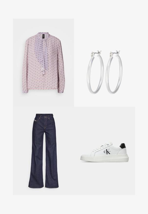 Light purple blouse with an all-over pattern of diamonds and circles, featuring a ruffled front placket and button closures. Long sleeves.; Dark blue wide-leg jeans in denim fabric with a high waist, featuring orange stitching, five-pocket design, and a button closure.; White low-top sneaker with black heel tab, platform sole, laces, and Calvin Klein "CK" logo on the side.; Silver hoop earrings with a smooth, polished finish. Round shape and secure click-top closure. Lightweight design suitable for everyday wear.