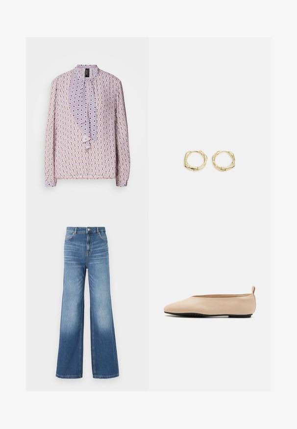 Blouse lilas clair avec un motif intégral de diamants et de cercles, présentant une patte de boutonnage froncée et des fermetures à boutons. Manches longues.; Jeans en denim bleu clair à jambes larges avec une taille haute, comportant cinq poches, des passants de ceinture, et un effet légèrement dégradé vers l'ourlet.; Ballerines en cuir beige avec un design à profil bas, bout rond, et semelle en caoutchouc noire, dotées d'une petite boucle à l'arrière pour un enfilage plus facile.; Boucles d'oreilles en or en forme de cerceau avec une texture et une forme irrégulière. Présentent une fermeture sans couture et une finition polie, soulignant un design moderne.