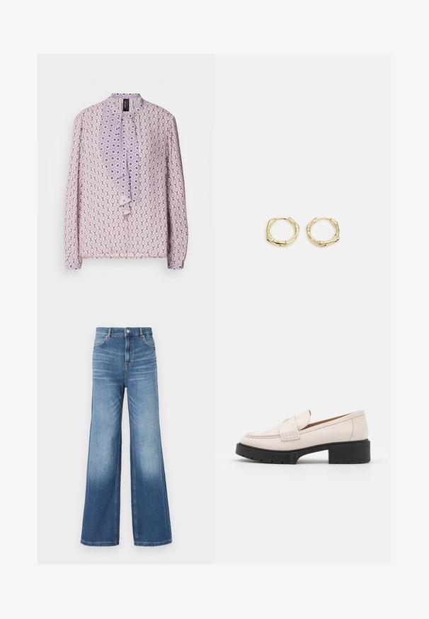 Blouse lilas clair avec un motif intégral de diamants et de cercles, présentant une patte de boutonnage froncée et des fermetures à boutons. Manches longues.; Jeans en denim bleu clair à jambes larges avec une taille haute, comportant cinq poches, des passants de ceinture, et un effet légèrement dégradé vers l'ourlet.; Mocassins en cuir beige clair avec un devant cousu et un talon platform texturé noir. Présente un design incurvé et une légère élévation.; Boucles d'oreilles en or en forme de cerceau avec une texture et une forme irrégulière. Présentent une fermeture sans couture et une finition polie, soulignant un design moderne.