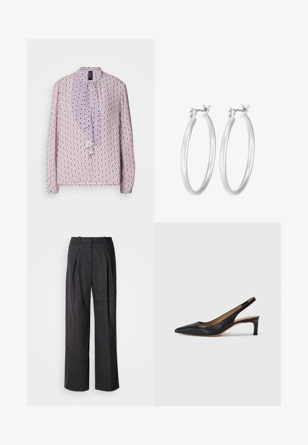 Light purple blouse with an all-over pattern of diamonds and circles, featuring a ruffled front placket and button closures. Long sleeves.; Dark gray wide-leg trousers with a textured fabric, featuring front pleats and a classic waistband design. No visible pockets.; Black leather slingback pump with a pointed toe, low heel, and a smooth texture. Features a thin adjustable strap for a secure fit.; Silver hoop earrings with a smooth, polished finish. Round shape and secure click-top closure. Lightweight design suitable for everyday wear.