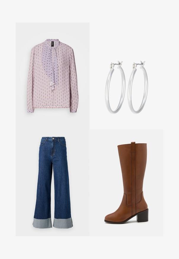 Light purple blouse with an all-over pattern of diamonds and circles, featuring a ruffled front placket and button closures. Long sleeves.; Wide-leg denim trousers with a dark blue wash, featuring a contrasting light blue cuff and classic five-pocket design.; Brown leather knee-high boot with a rounded toe, side stitching, and a block heel. Features a back pull tab for easy wear.; Silver hoop earrings with a smooth, polished finish. Round shape and secure click-top closure. Lightweight design suitable for everyday wear.