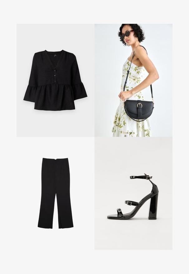 Blusa nera con scollo a V, chiusura con bottoni e maniche a campana con orlo arricciato. Realizzata in tessuto testurizzato con una vestibilità ampia.; Pantaloni neri a gamba dritta, con tasche frontali e spacchi laterali all'orlo. Realizzati in tessuto morbido e liscio. Adatti a diverse occasioni.; Sandali con tacco in vernice nera, con punta squadrata, cinturini alla caviglia e fibbie in argento. Presentano un tacco a blocco spesso per maggiore stabilità.; Borsa a tracolla nera in pelle con una forma curva, manico rimovibile e accessori dorati. La borsa presenta una patta con un dettaglio a fibbia.