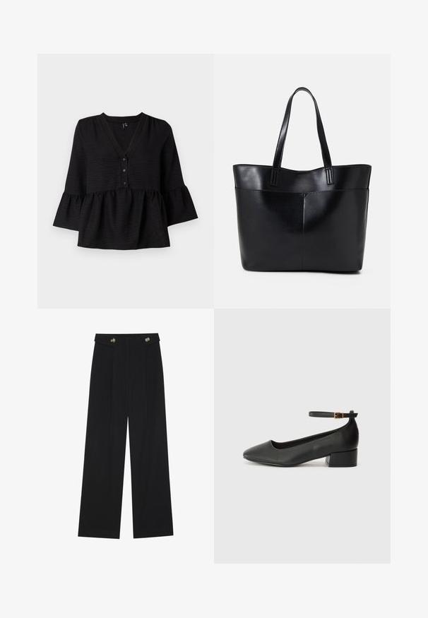 Black blouse featuring a V-neck, button front, and flared sleeves with a ruffled hem. Made from textured fabric with a loose fit.; Black wide-leg trousers with high waist, button details on waistband, and front pleats.; Black leather pump with a pointed toe and a low block heel. Features an ankle strap with a gold-tone buckle. Smooth texture.; Black leather tote bag with two long handles, a smooth texture, and a structured shape. Features a front pocket for additional storage.