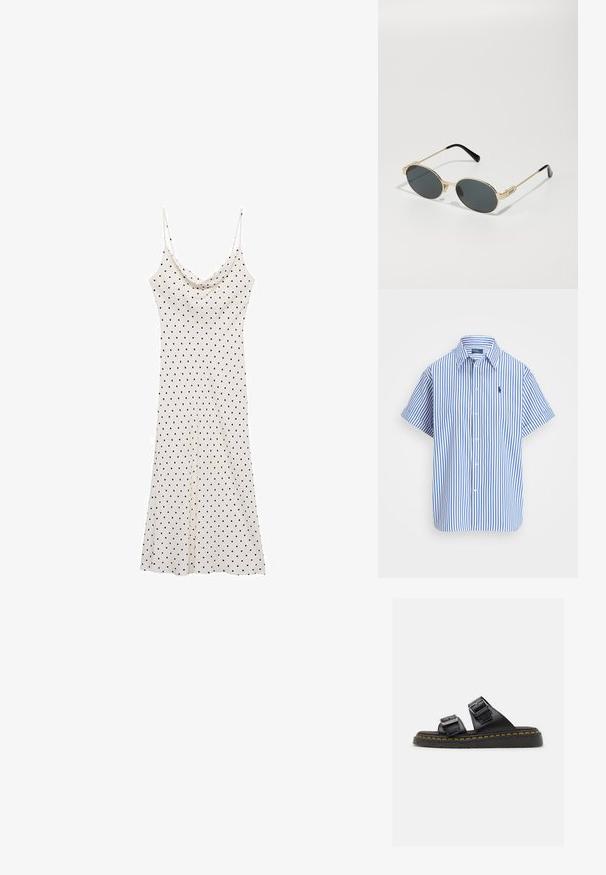 Krátký rukáv košile na knoflíky s modro-bílými vertikálními pruhy, vybavená klasickým límcem a vyšívaným logem na prsou.; Bezramenné šaty z měkké, lehké tkaniny; krémové pozadí s černými puntíky; zavinovací dekolt a volný silueta.; Černé kožené sandály se dvěma nastavitelnými řemínky s kovovými přezkami, texturovanou podrážkou a charakteristickým žlutým prošíváním podél okraje.; Zlaté sluneční brýle s oválnými skly a tmavými skly. Černé acetátové konce na nožičkách. Jméno značky "QUAY" na boku.