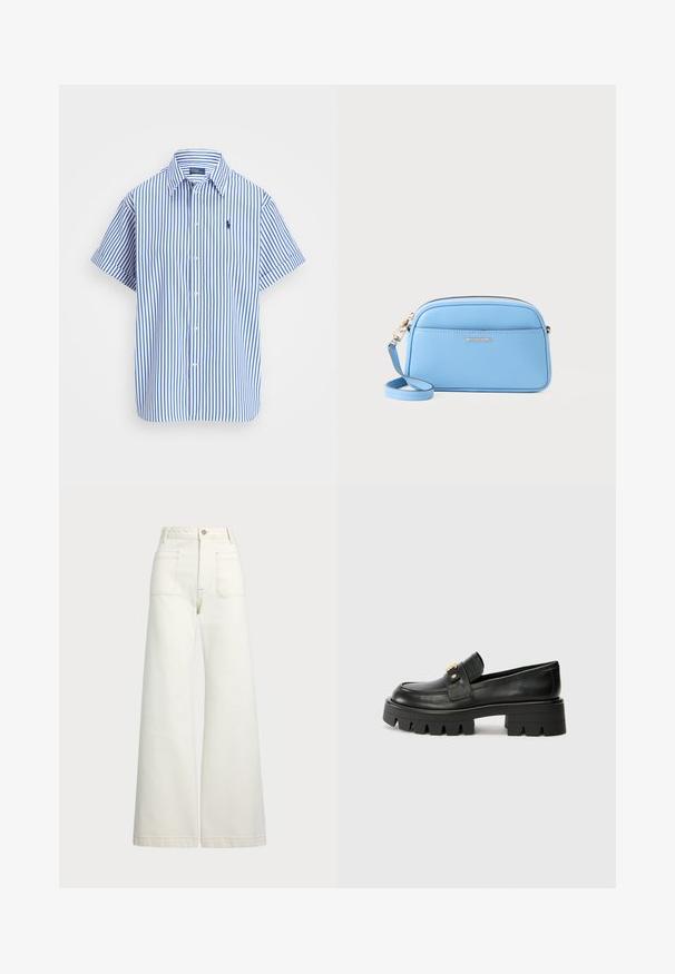 Rövid ujjú gombos ing kék és fehér függőleges csíkokkal, klasszikus gallérral és hímzett logóval a mellkasán.; Széles szárú farmernadrág off-white denim anyagból. Magas derekú dizájn, gombos záródással, két elülső zsebbel és kontrasztos varrási részletekkel.; Fekete bőr loaferek masszív talppal, elöl arany színű díszítéssel és sima felülettel. A talpon vastag mintázat található.; Világoskék bőr keresztpántos táska aranyszínű fémszerelvényekkel, cipzáras záródással és elülső zsebbel. Állítható pánttal rendelkezik a kényelmes viselet érdekében.