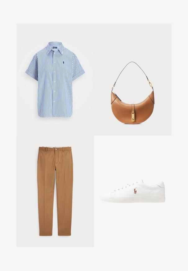 Koszula krótki rękaw, w niebiesko-białe pionowe paski, z klasycznym kołnierzykiem i haftowanym logo na piersi.; Brązowe bawełniane spodnie w fasonie slim-fit, z płaskim przodem i standardowymi kieszeniami; gładka tekstura i podwinięte mankiety.; Białe skórzane sneakersy, niskoprofilowy design, charakteryzujące się gładką fakturą, okrągłym noskiem, sznurowanym przodem i małym haftowanym logo z boku.; Torebka skórzana w kolorze tan o zaokrąglonym kształcie, ze złotymi elementami i cienkim paskiem na ramię. Posiada zamek błyskawiczny i detal z logo z przodu.